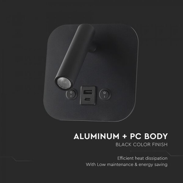 LED стенен спот с USB порт LED/8W/230V 3000K черен