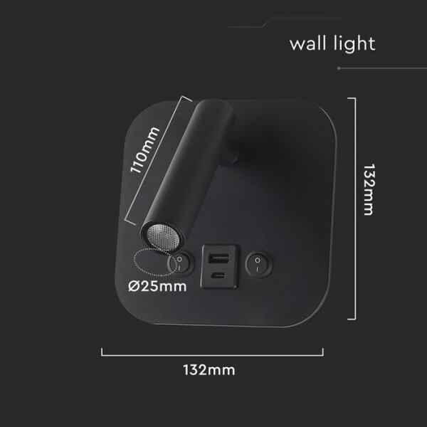 LED стенен спот с USB порт LED/8W/230V 3000K черен