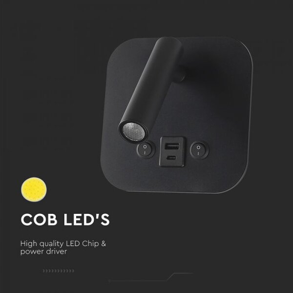 LED стенен спот с USB порт LED/8W/230V 3000K черен
