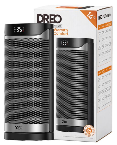 Вентилаторна печка DREO Solaris 619, 2000W, 20 м2, PTC, 5 режима, 8-степенна защита, Таймер, Дистанционно управление, 70° завъртане, 5-35°C, Черен/сив