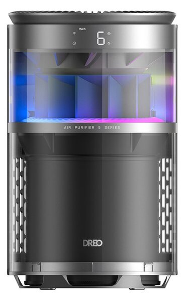 Пречиствател за въздух DREO 530AS, 25 м2, 221 м3/ч, 360° засмукване, True HEPA, Wi-Fi, Таймер, Ултра тих, Сензор за качество на въздуха, Черен