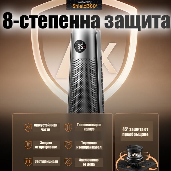 Вентилаторна печка - кула DREO Solaris 718, 2000W, 25 м2, PTC, 5-35°C, 9 режима, 120° осцилация, 8-степенна защита, Таймер, Дистанционно, Сензор за наклон, Сив/графит