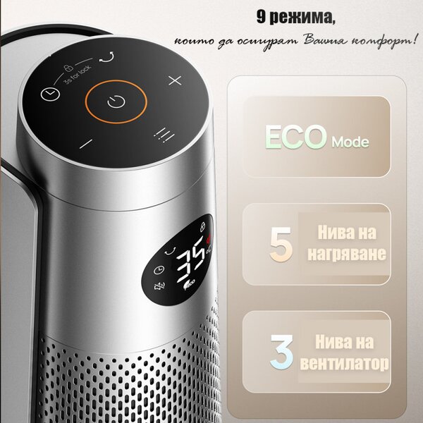 Вентилаторна печка - кула DREO Solaris 718, 2000W, 25 м2, PTC, 5-35°C, 9 режима, 120° осцилация, 8-степенна защита, Таймер, Дистанционно, Сензор за наклон, Сив/графит