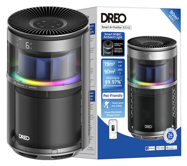 Пречиствател за въздух DREO 530AS, 25 м2, 221 м3/ч, 360° засмукване, True HEPA, Wi-Fi, Таймер, Ултра тих, Сензор за качество на въздуха, Черен