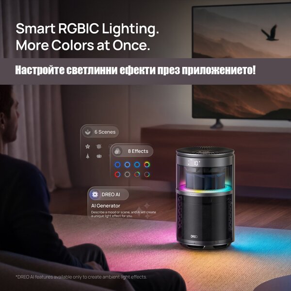 Пречиствател за въздух DREO 530AS, 25 м2, 221 м3/ч, 360° засмукване, True HEPA, Wi-Fi, Таймер, Ултра тих, Сензор за качество на въздуха, Черен