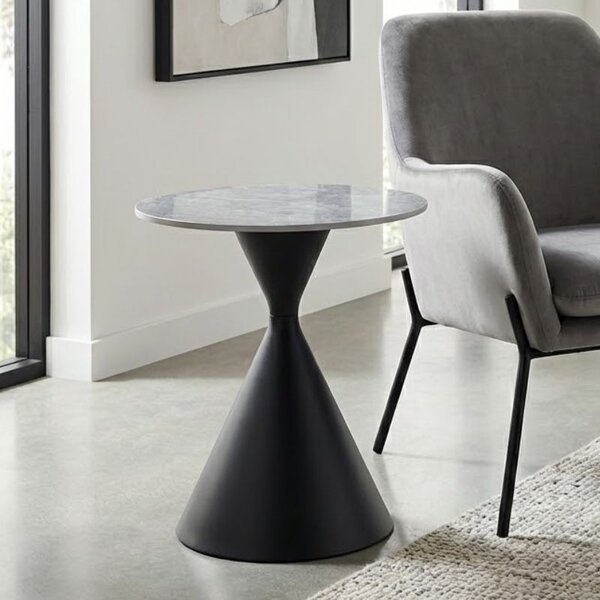 Помощна маса Logan TopMebel от синтерован камък и метал в сив мраморен ефект и черен цвят Ø50x56cm