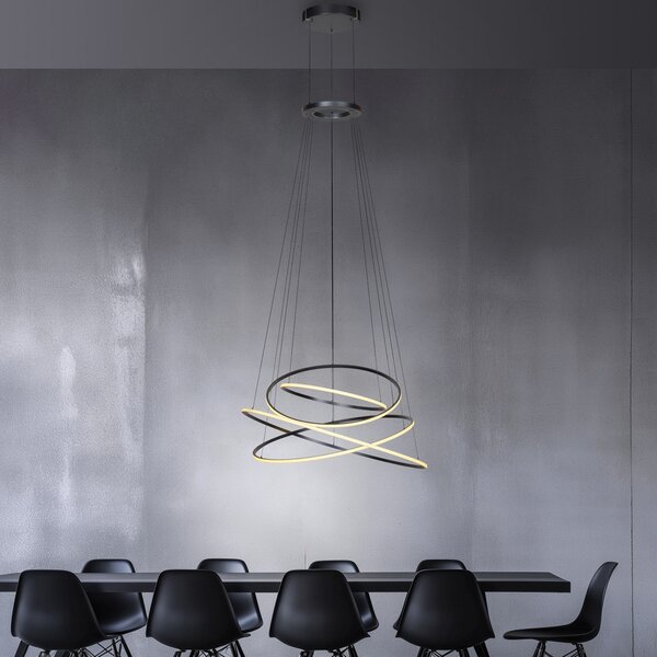 PURE LED висяща лампа E-Flying Rings, мистично сиво, Ø110cm, CCT, Затъмняване, Черен, Дневна/трапезария, Алуминий, Модерен