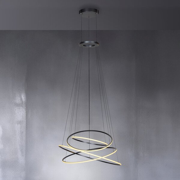 PURE LED висяща лампа E-Flying Rings, мистично сиво, Ø110cm, CCT, Затъмняване, Черен, Дневна/трапезария, Алуминий, Модерен
