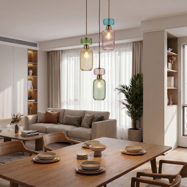 Milagro Lighting Висяща лампа Molly, многоцветна/златна, 3-свещник, стъкло, Ø 38 cm, Затъмняване, Многоцветен, Дневна/трапезария, Стъкло, Модерен