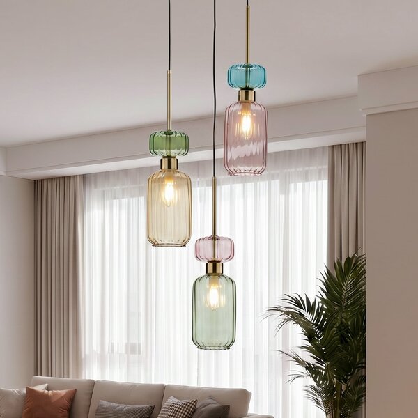 Milagro Lighting Висяща лампа Molly, многоцветна/златна, 3-свещник, стъкло, Ø 38 cm, Затъмняване, Многоцветен, Дневна/трапезария, Стъкло, Модерен