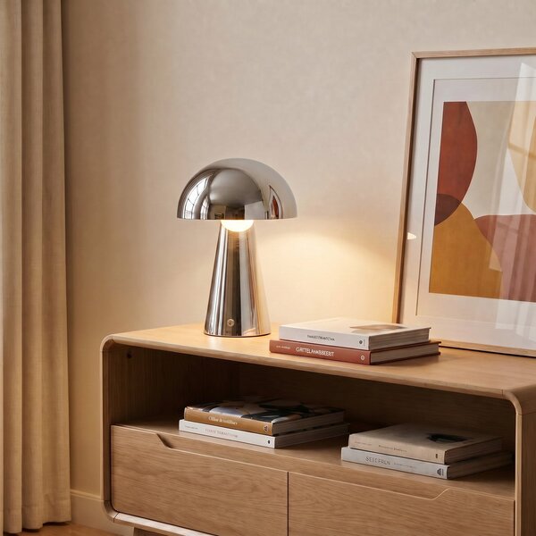 Lindby LED акумулаторна настолна лампа Nevijo, хром, Ø20cm, USB, димер, Затъмняване, Металик, Дневна/трапезария, Метал, Модерен