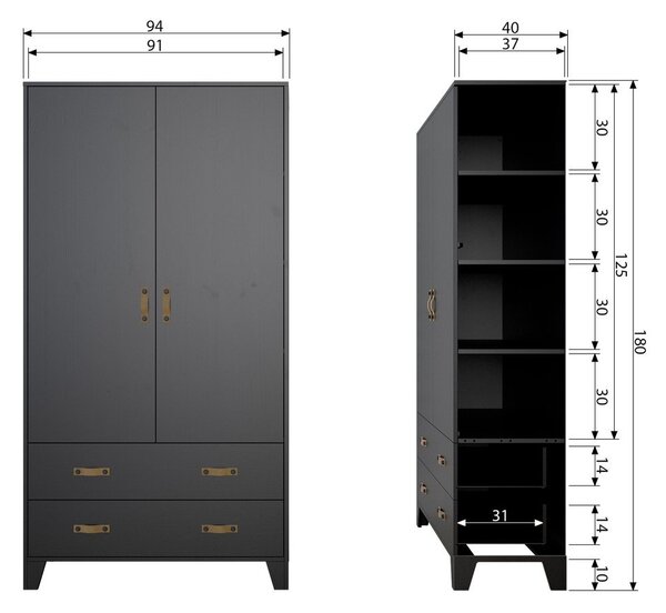 Гардероб от черен бор 94x180 cm Dian - WOOOD