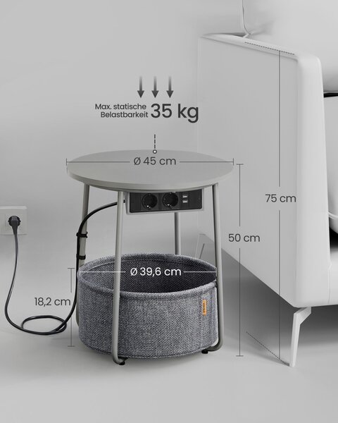Странична масичка с контакт Vasagle Сиво 45x45x50 см