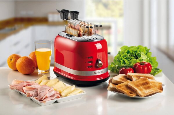 Тостер за хляб Ariete MODERNA 0149/00, 815W, 2 филии, 3 функции, 6 степени, Подвижна тава за трохи, Червен