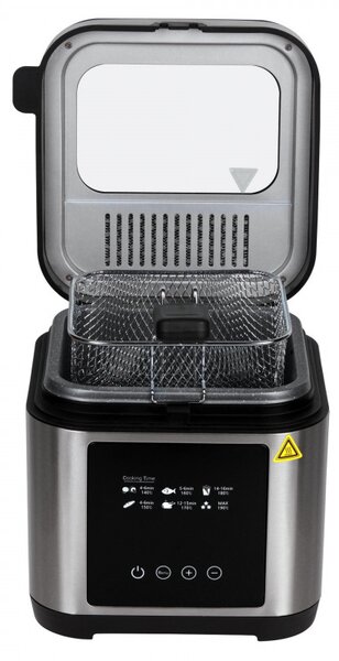Фритюрник Elite EDF-1103, 1200W, 2.5 л, 190C, Капак с прозорец за наблюдение, Филтър против миризми, Дигитален контрол, Черен/инокс