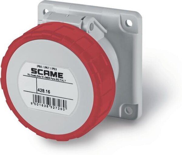 Scame Промишлен контакт 3P+Е 16A IP67/69 ПРАВ серия Optima панелен монтаж 75х75мм - 428.1666