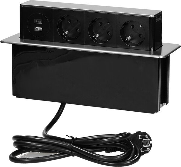 ORNO Мебелна кутия Pop-Up, с контакти 3х шуко, 2х USB тип A+C, кабел 2m, 273x65x93mm, цвят ИНОКС, - OR-GM-9014(GS)/B-G