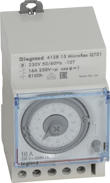 Legrand DIN Таймер Дневен, MicroRex QT31, 15 минути минимален интервал, с резерв 100 часа, 16A 3 модула - 412813