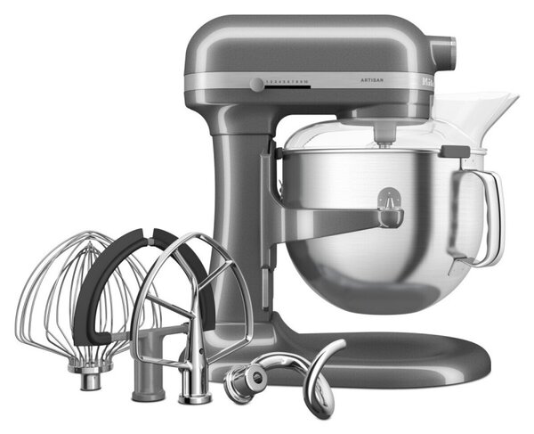 Планетарен миксер KitchenAid Artisan 5KSM70SHXEMS Medallion silver, 375 W, 6.6 л, 11 скорости, 67 точки на допир, Повдигане на купата, Специална скорост Fold, Flex Edge, Сив металик
