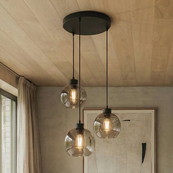 TK Lighting Кубична висяща лампа, Ø 50 cm, 3 светлини, опушено сиво, стъкло, Затъмняване, Сив, Дневна/трапезария, Стъкло, Модерен