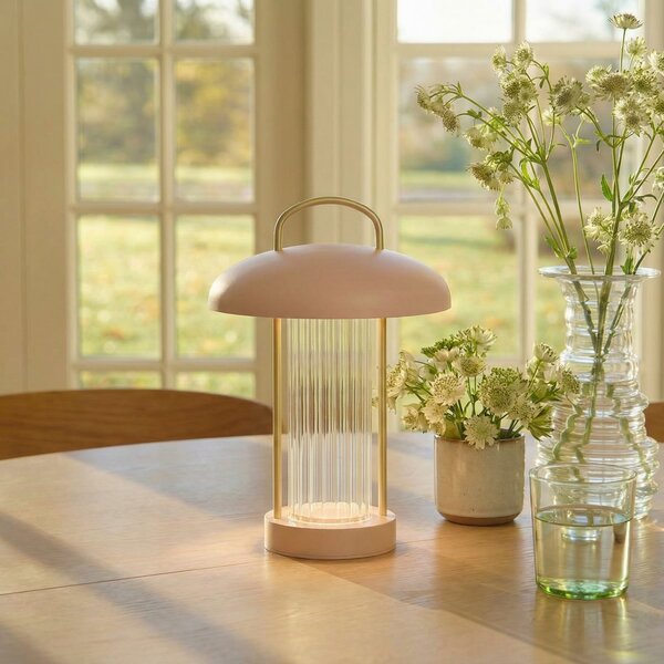 Nordlux LED акумулаторна настолна лампа Mirano, прашнорозова, височина 29 cm, метал, Затъмняване, Розов / Розе, Дневна/трапезария, Метал, Скандинавски, Фенер
