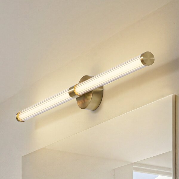 Lucande LED стенна лампа Melisa, златна, 90 cm, CCT, IP44, Злато / месинг, Баня, Стъкло, Модерен