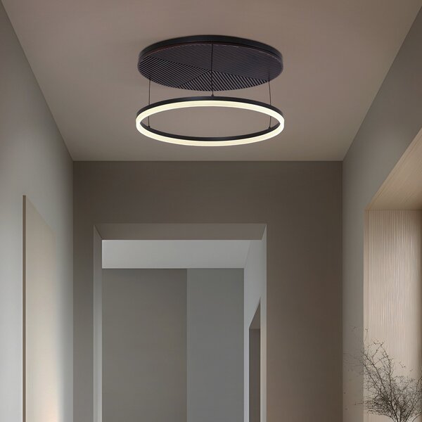 Lucande LED таванска лампа Orven, черна/дърво, Ø50cm, с регулиране на яркостта, Затъмняване, Черен, Дневна/трапезария, Метал, Модерен
