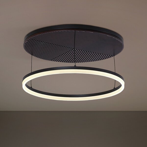 Lucande LED таванска лампа Orven, черна/дърво, Ø50cm, с регулиране на яркостта, Затъмняване, Черен, Дневна/трапезария, Метал, Модерен