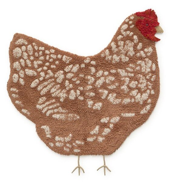 Кафяв ръчно изработен памучен детски килим подходящ за пране 110x100 cm Chicken – Lorena Canals