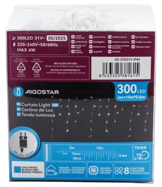 Aigostar -LED Външна декоративна гирлянда 300xLED/6W/230V 15x0,6m IP44 студено бяла