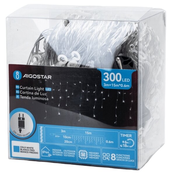 Aigostar -LED Външна декоративна гирлянда 300xLED/6W/230V 15x0,6m IP44 студено бяла