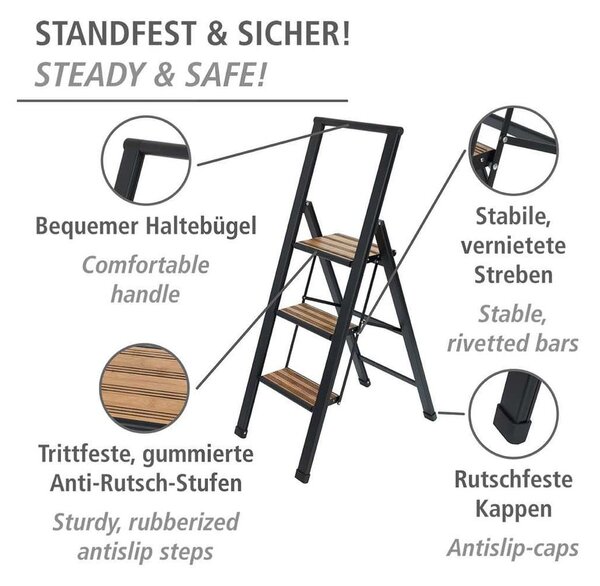 Черна алуминиева нехлъзгава сгъваема стълба Stepladder III. - Wenko