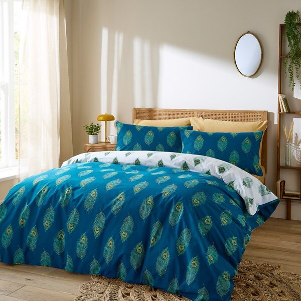 Бяло-тюркоазено единично памучно спално бельо 135x200 cm Peacock Feather – Their Nibs
