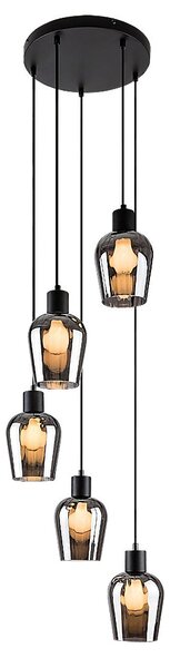 Florian, indoor pendant lamp, matte black metal lamp with tinted colour/smoky glass shade, E27 5xMAX40W, shade: D13,5cm, H16cm