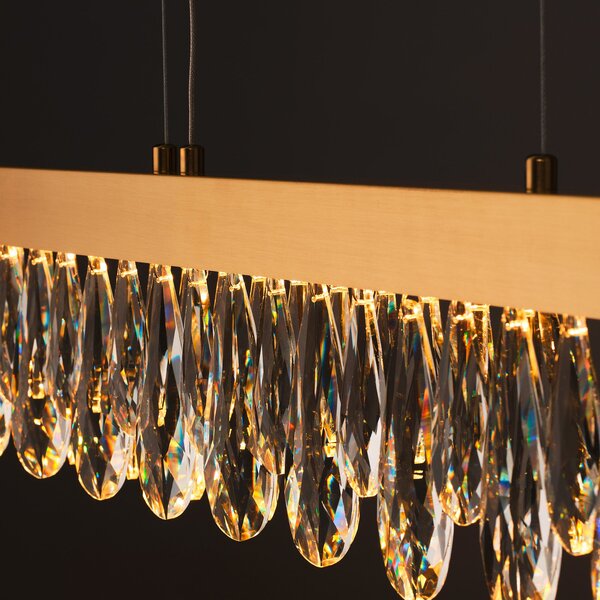 Brilliant LED висяща лампа Celestia, дължина 110 cm, месинг цвят, кристал, Затъмняване, Злато / месинг, Дневна/трапезария, Метал