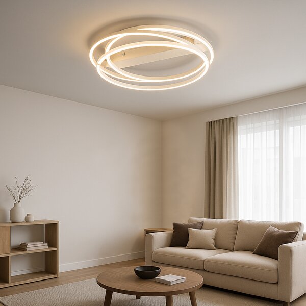 FISCHER & HONSEL LED таванна лампа Kiku, Ø 56 cm, пясъчен цвят, метал, CCT, Затъмняване, Бежов, Дневна/трапезария, Метал, Модерен