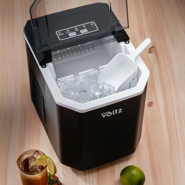 Ледогенератор Oliver Voltz OV51447B, 120W, 12 кг/24 часа, 1.3 л, 9 кубчета за цикъл работа, Индикатор за лед и вода, Черен