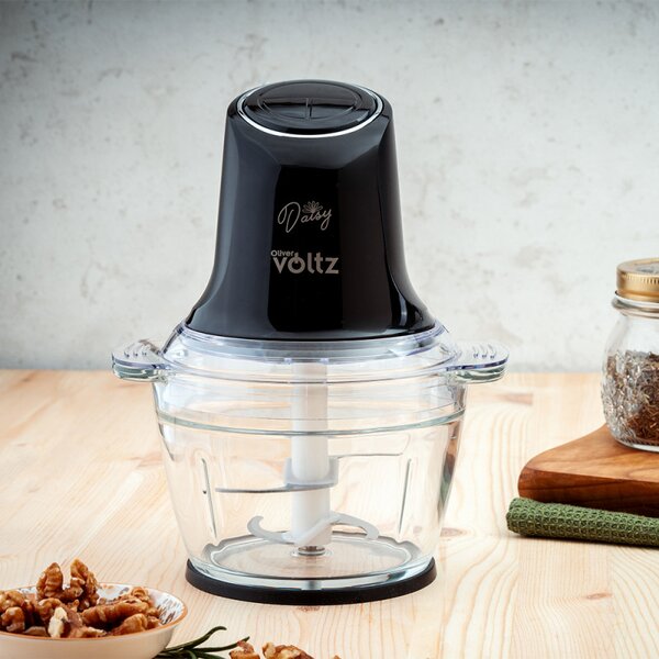 Чопър Oliver Voltz Daisy OV51111W, 600W, 1 литър, Двоен стоманен нож, Стъклена купа, Черен