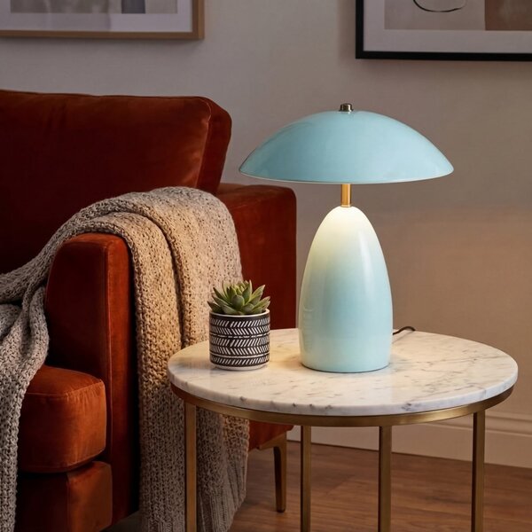 Elstead LED настолна лампа „Poppy“, светлосиня, височина 35 см, метална, с регулиране, Затъмняване, Син, Дневна/трапезария, Алуминий, Винтидж