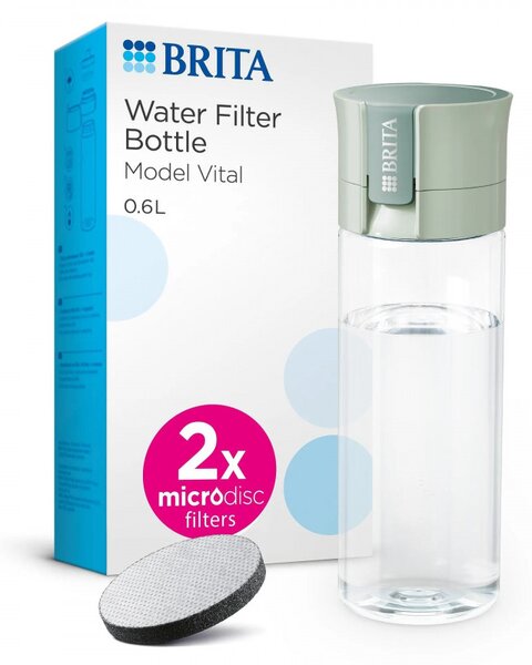 Филтрираща бутилка за вода Brita Fill & Go Vital, 600 мл, MicroDisc филтри, Без BPA, Светлозелен