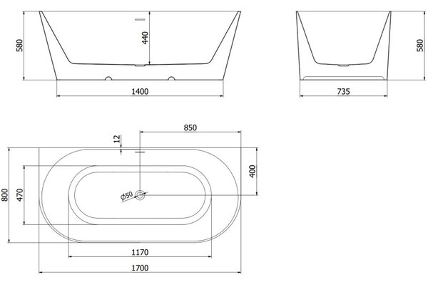 Mexen Oval Slim свободностояща вана до стената 170 x 80 см, бяла, хромиран