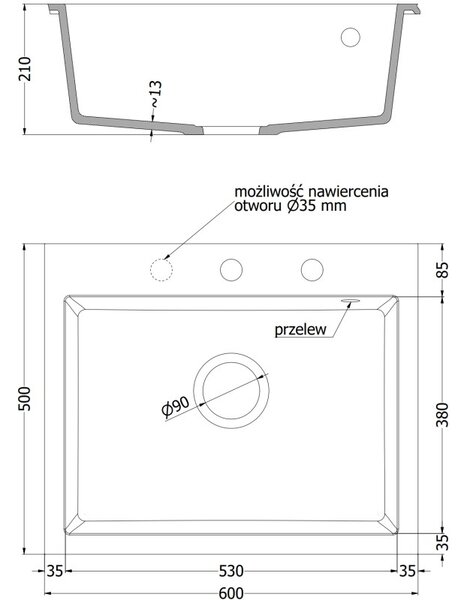 Mexen Elix гранитна кухненска мивка с 1 камера 600 x 500 mm, бяла, хромиран сифон - 6525601005-20