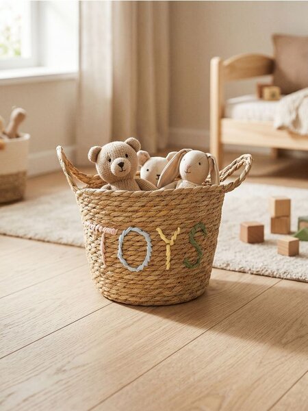 Sinsay - Плетена кошница за съхранение с надпис „Toys“ - бежово