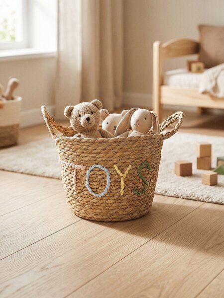 Sinsay - Плетена кошница за съхранение с надпис „Toys“ - бежово