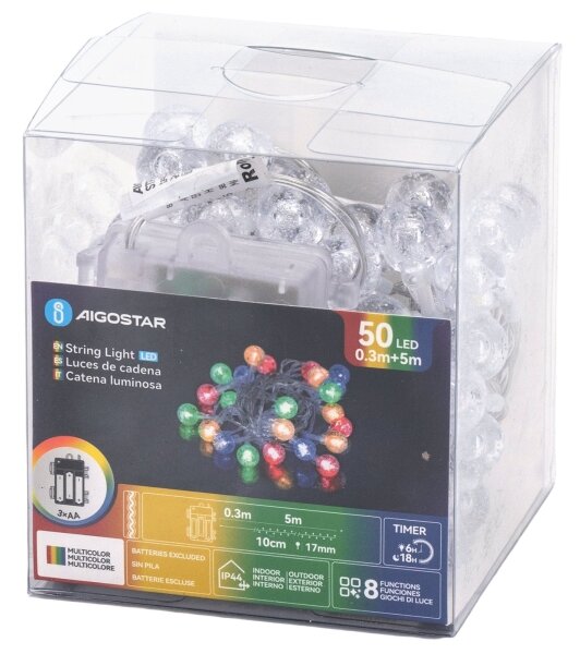Aigostar - LED външна коледна гирлянда 50xLED/8 функции 3xAA 5,3m IP44 многоцветна