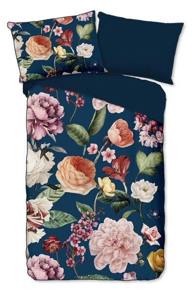 Тъмносиньо единично удължено спално бельо от памучен сатен 140x220 cm Fiori – Descanso