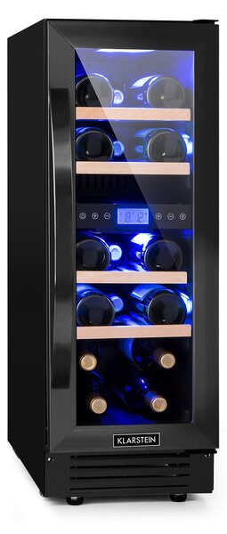 Klarstein Vinovilla 17 Built-in Duo Onyx Edition, двузонов охладител за вино, 53 л, 17 бутилки, трицветна стъклена врата