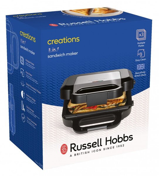 Уред 3в1 Russell Hobbs Creation 26810-56, 750W, 3 подвижни плочи, Грил, Вафли, Сандвичи, Неръждаема стомана, Черен