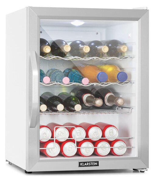 Klarstein Beersafe XL Crystal White, хладилник, D, 60 л, LED, стъклена врата, бяло/сребристо