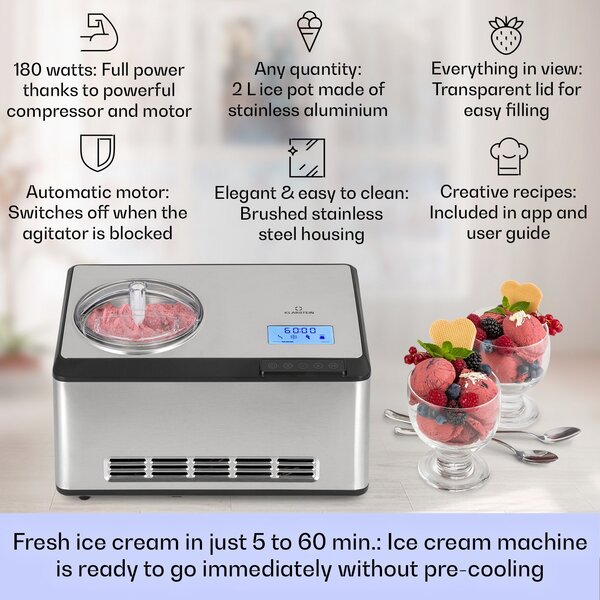 Klarstein Dolce Bacio Smart, машина за сладолед, машина за кисело мляко, компресор, 2 литра, WiFi, сензорен екран, неръждаема стомана